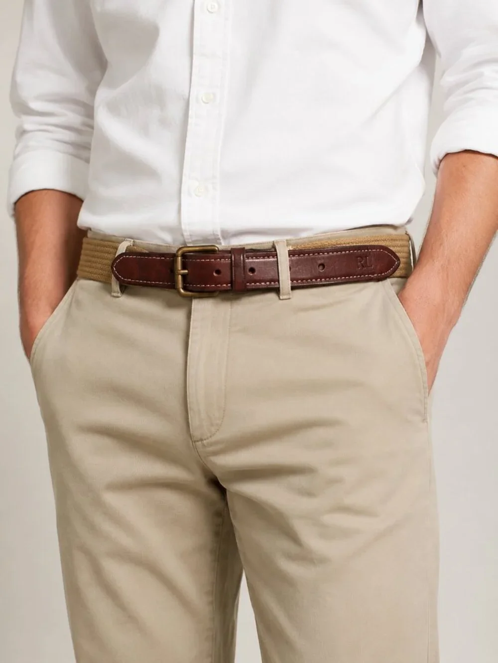 Polo Ralph Lauren Mens Vintage Brown Leather Tan Stretch Belt Size 34/85 RL Logo